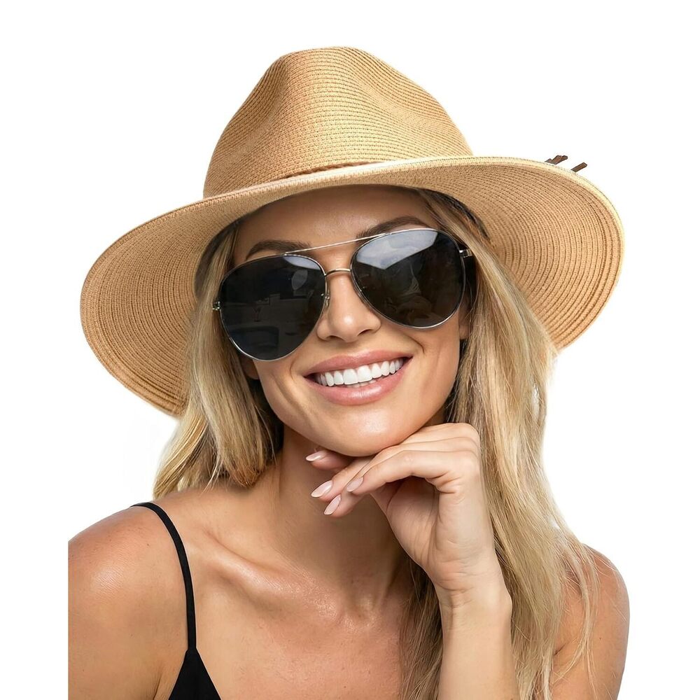 Wide Brim Straw Hat Women UPF 80+ Summer Beach Panama Khaki
